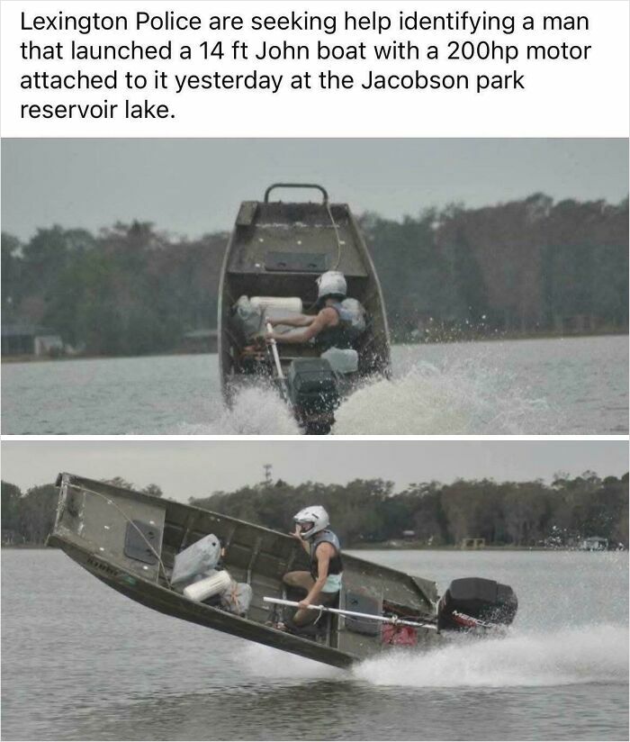 Man riding a 14 ft John boat with a 200hp motor showcasing redneck engineer ingenuity on a lake.