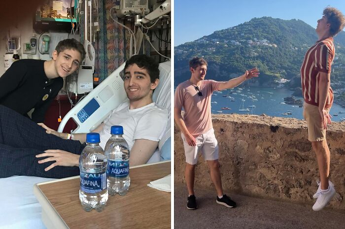 Two brothers showing gratitude; one visiting the other in hospital, the other levitating playfully outdoors with scenic mountain views.