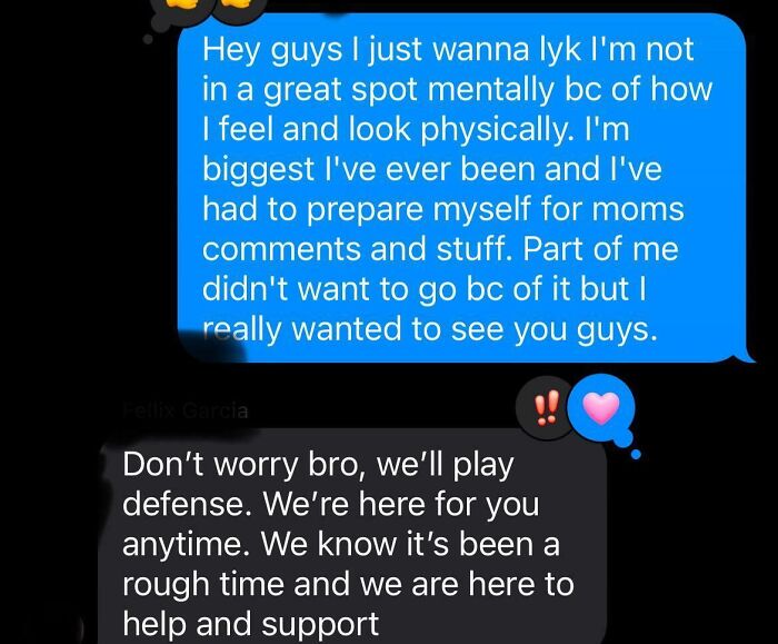 Text message exchange showing sibling support and gratitude during a difficult mental and physical health moment.