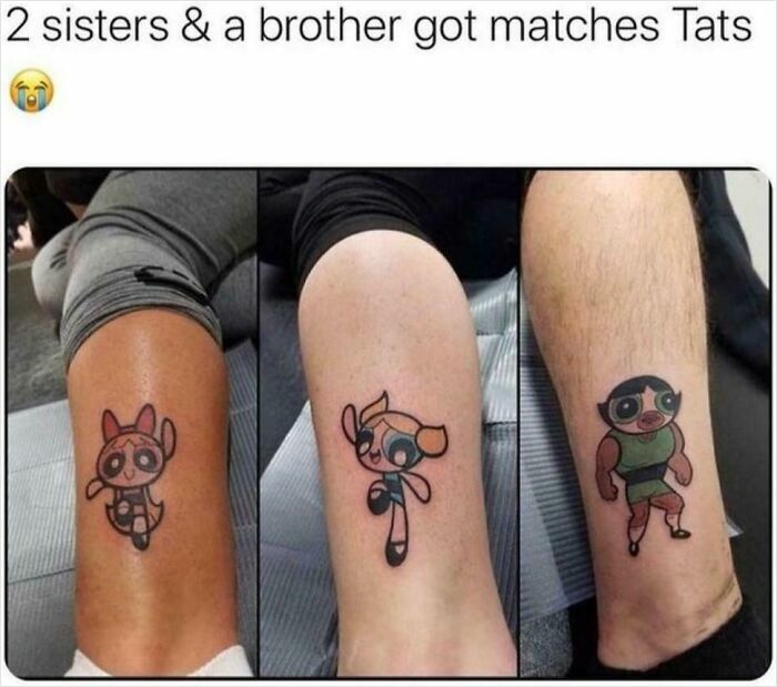 Three siblings with matching Powerpuff Girls tattoos on their legs showing sibling gratitude and bond.