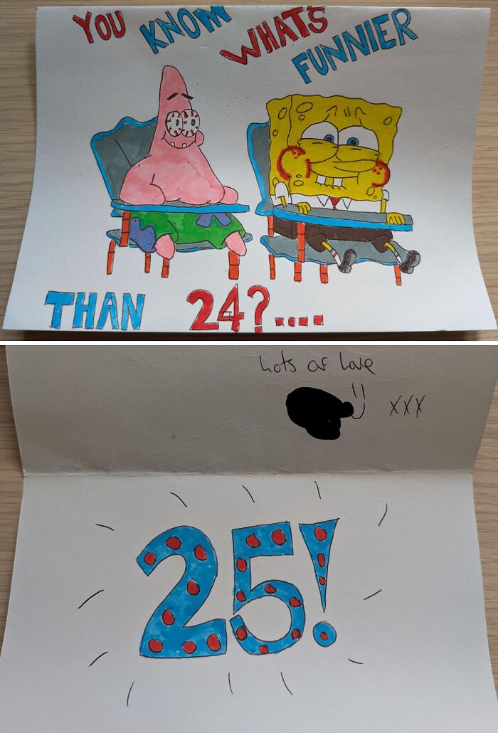 Hand-drawn birthday card featuring SpongeBob and Patrick with a humorous sibling gratitude message.