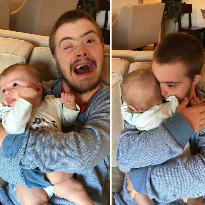 Young man and baby sibling sharing affectionate moments on a couch, showing gratitude and close sibling bond.