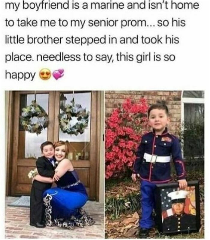 Young boy in a marine outfit happily stepping in for his brother to take her to senior prom, sibling gratitude moment.
