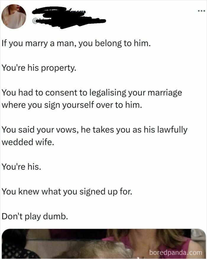 Text post with cringe-worthy takes on women, discussing marriage and property in a controversial statement about women.