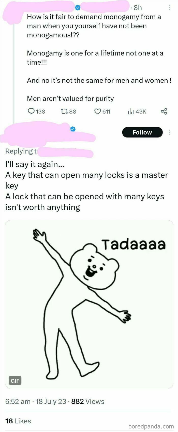 Screenshot of a cringe-worthy take on women discussing monogamy and purity with a humorous bear GIF included.