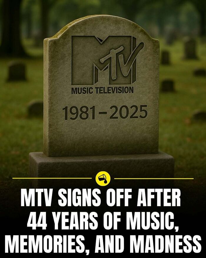 Tombstone with MTV logo and years 1981-2025 symbolizing the end, related to spill now photos and facts content.