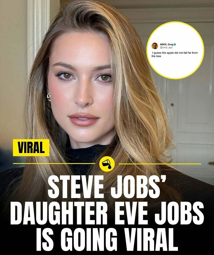 Close-up of a young woman with blonde hair, viral image highlighting Steve Jobs' daughter in a trending online post.