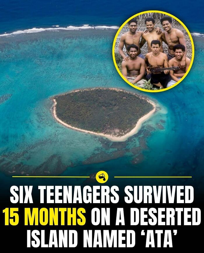 Aerial view of a deserted island named Ata with an inset of six teenagers who survived 15 months there, spill now facts.