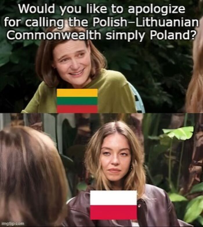 Two women meme discussing the Polish-Lithuanian Commonwealth, featuring Lithuanian and Polish flags in a hilarious history memes style.