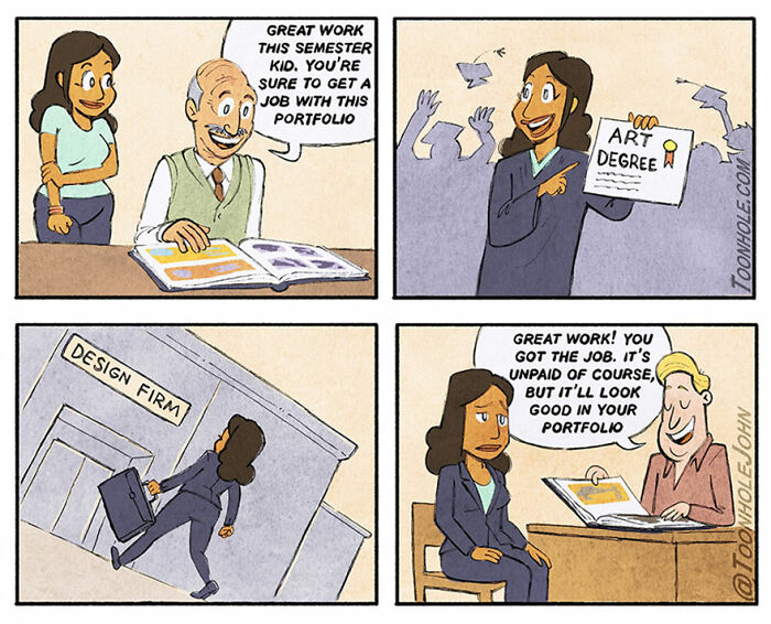 Dark humor comic by Toonhole John showing a graduate’s journey from art degree to unpaid design firm job.