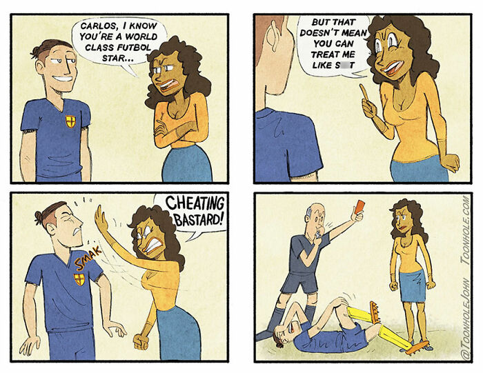 Dark humor comic strip by Toonhole John showing a woman confronting a soccer player with a shocking twist.
