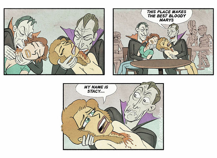 Dark humor comic by Toonhole John showing a vampire biting a man while praising bloody Marys in a bar setting.