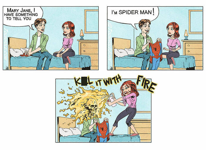 Dark humor comic by Toonhole John showing a twist with Spider-Man costume and fiery reaction from Mary Jane.
