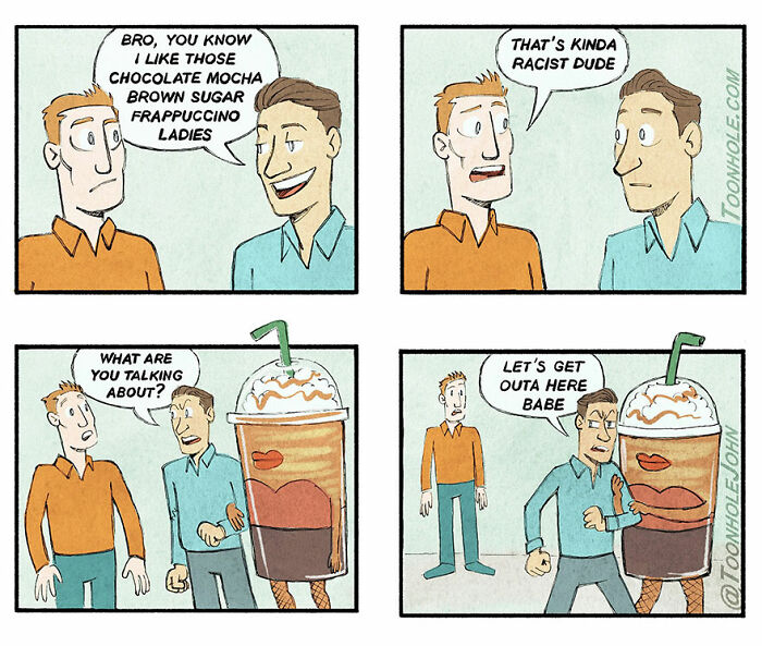 Four-panel comic by Toonhole showing two men having a dark humor conversation with a coffee cup character.