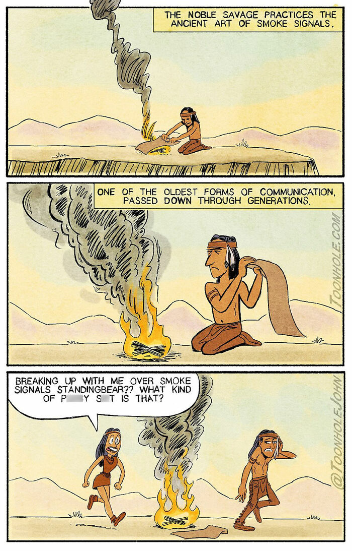 Dark humor comic by Toonhole John showing smoke signals used for an unexpected breakup message in a desert scene.