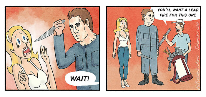 Dark humor comic by Toonhole John showing a tense scene with a masked man, a scared woman, and a man with golf clubs.