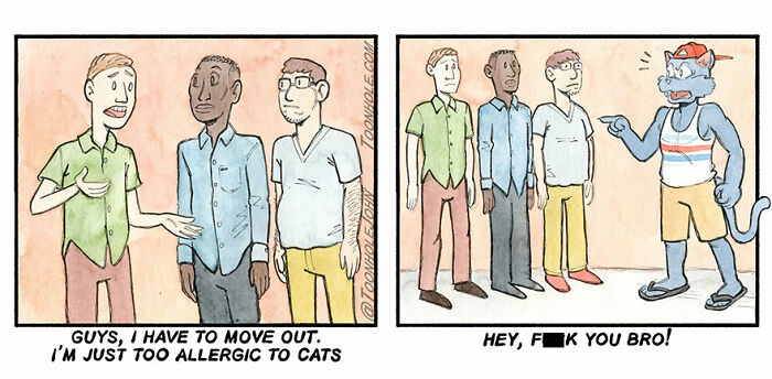Comic strip by Toonhole John featuring dark humor about a man allergic to cats and a talking cat confrontation.