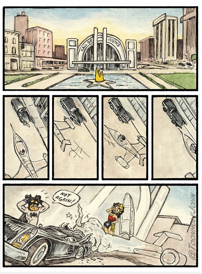 Dark humor comic by Toonhole John depicting a superhero crash scene near Hall of Justice in a cityscape setting.