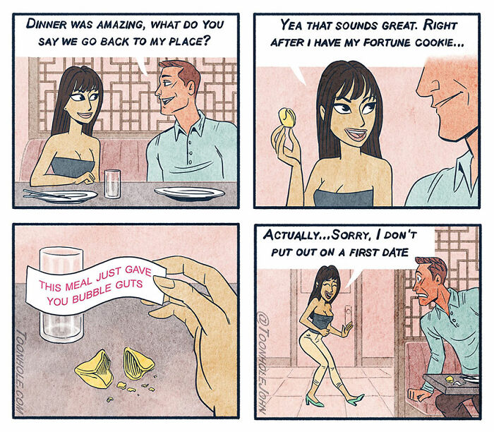 Comic panels by Toonhole John featuring dark humor with a woman and man on a date, including a funny fortune cookie message.