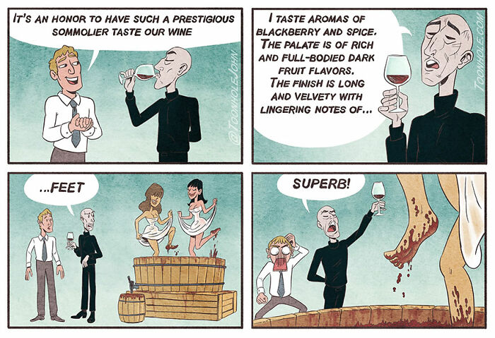 Dark humor comic by Toonhole John featuring a sommelier tasting wine with unexpected and funny foot aroma twist.