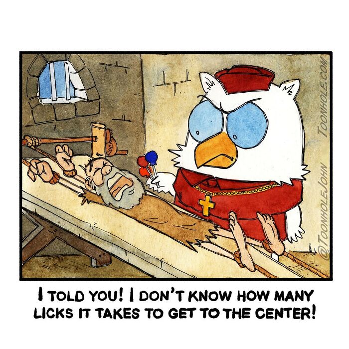 Dark humor comic by Toonhole John showing a bird in clerical clothes next to a man on a medieval t*****e device.