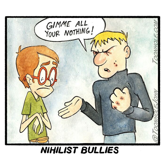 Cartoon showing dark humor comic with a bully demanding nothing and a nervous character, illustrating dark humor comics.