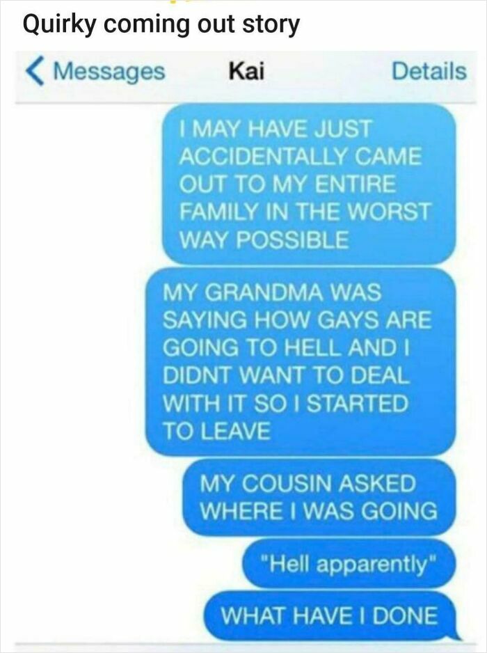 Screenshot of a text message about a quirky coming out story shared in an online group questioning every story and belief.