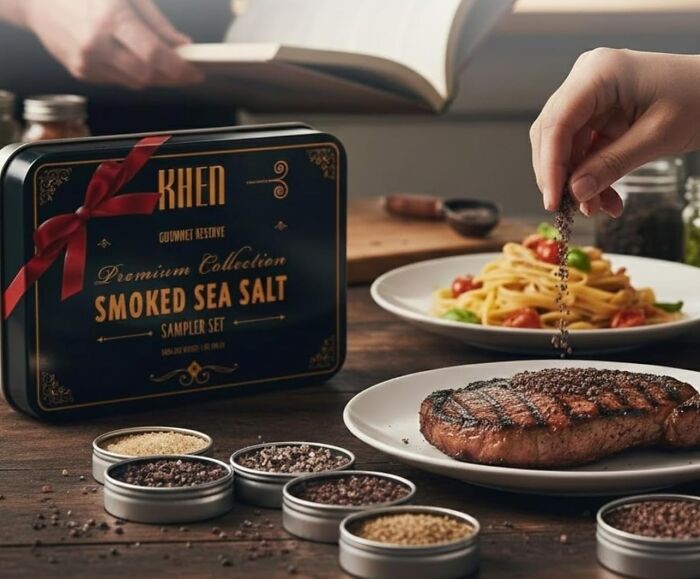 Smoked sea salt gift set being sprinkled on steak with pasta in background, ideal aesthetic gifts for friends.