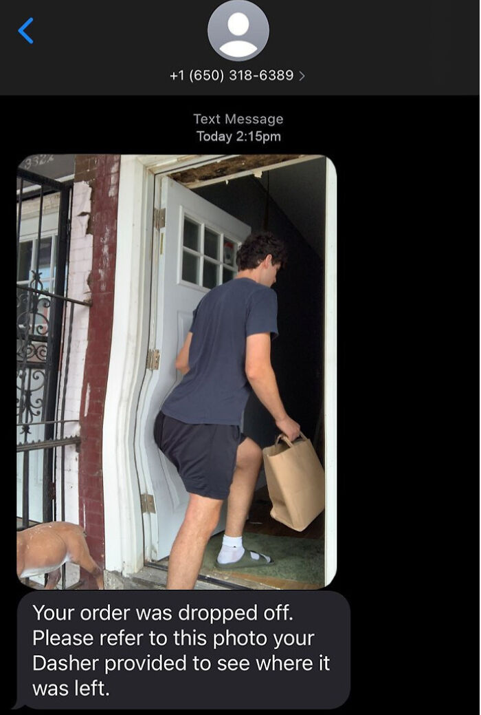 Delivery driver leaving food order at the door with a funny message in a home delivery text notification.