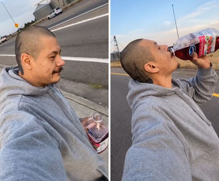 Man in a gray hoodie drinking from a bottle on roadside, capturing a viral moment that made him an internet icon.