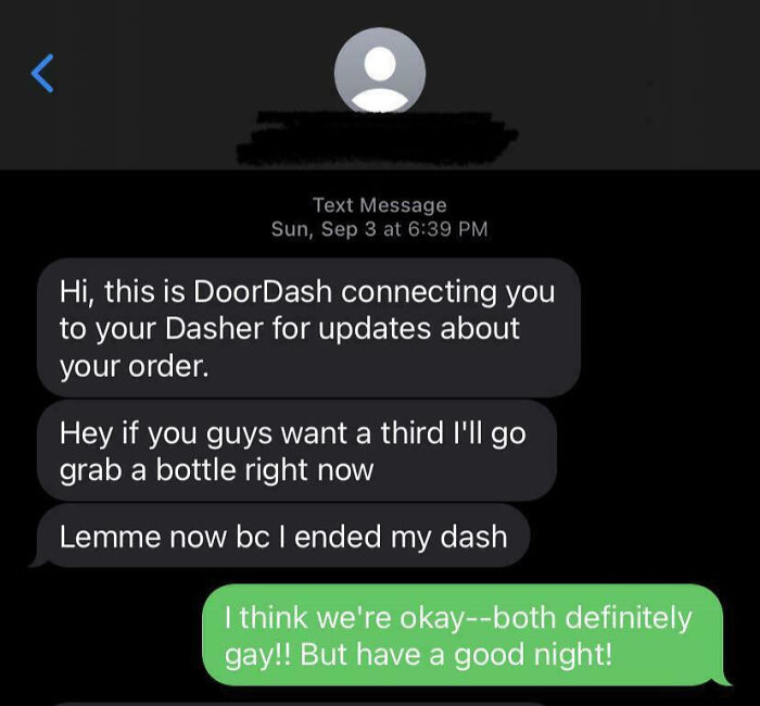 Text message exchange showing a funny conversation between a delivery driver and customer about order updates.