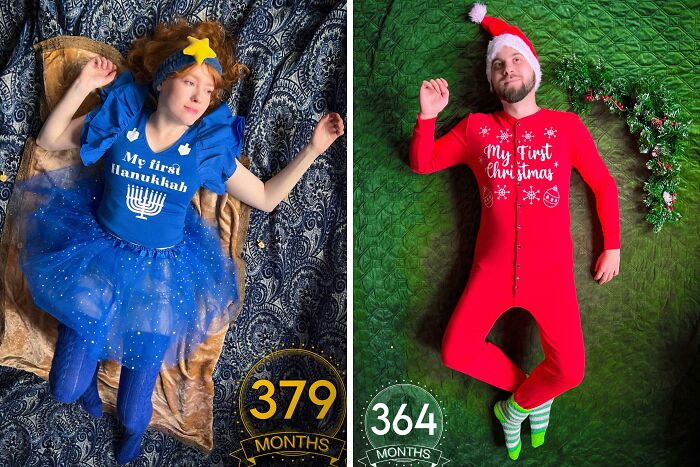 Child and adult in festive outfits lying down, showcasing wholesome moments that prove men never grow up.