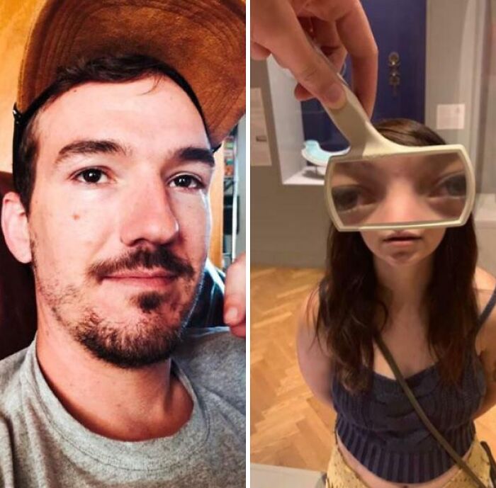 Split image showing a man with a cap and a woman with distorted face through a funny mirror, illustrating men never grow up.