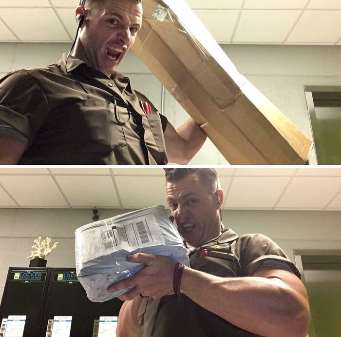 Man in delivery uniform playfully holding packages, showing wholesome fun and the idea that men never grow up.