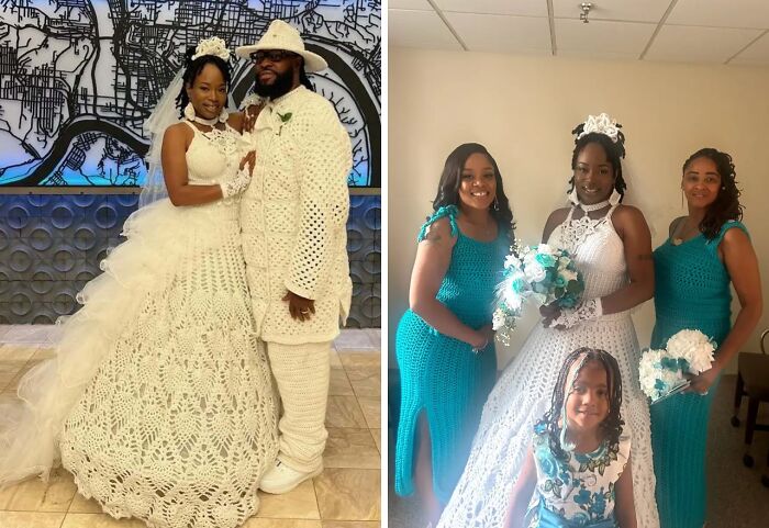 Bride and groom wearing handmade crochet wedding dresses and suit with bridesmaids and flower girl in matching teal crochet outfits