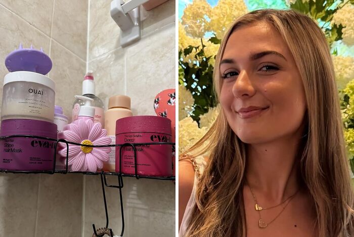 Bathroom shelf with hair masks and beauty products, alongside a smiling woman with long blonde hair in natural lighting, Black Friday deals.