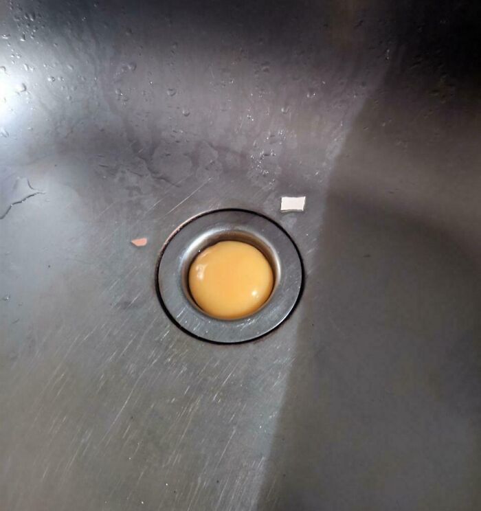Egg yolk perfectly aligned and resting inside a round metal sink drain, showcasing perfect alignment moments.
