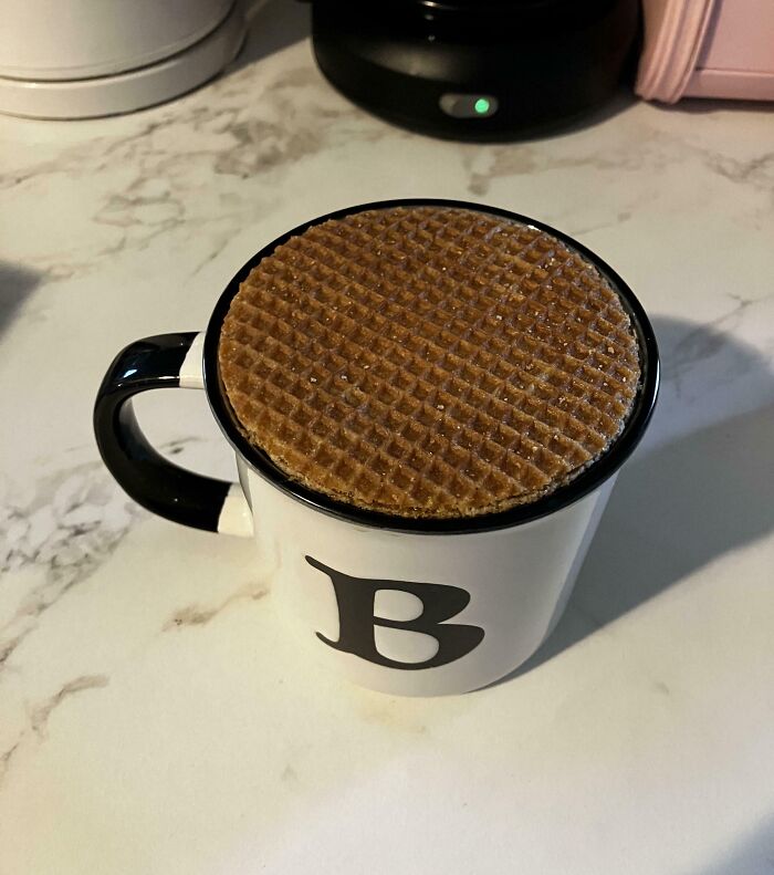 A stroopwafel perfectly aligned on top of a coffee mug, demonstrating things aligned so perfectly.