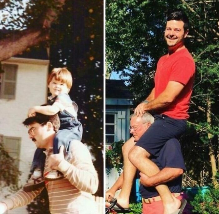 Split image showing two generations of men giving piggyback rides, illustrating wholesome photos of men not growing up.