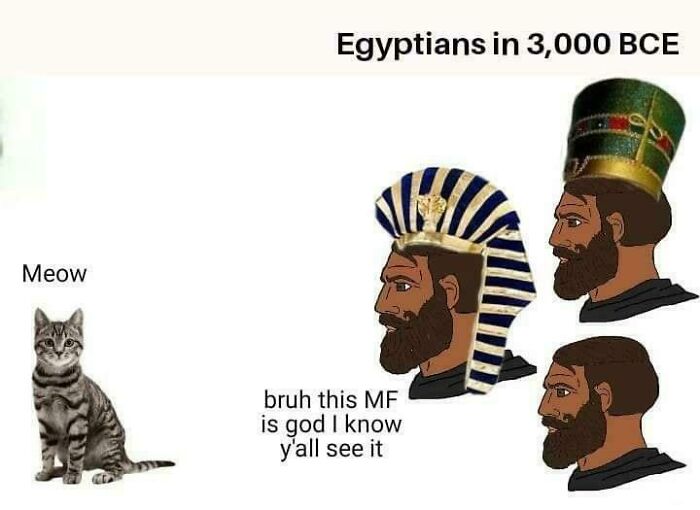 Cartoon showing ancient Egyptians in 3000 BCE reacting humorously to a cat, illustrating ancient Egypt memes.