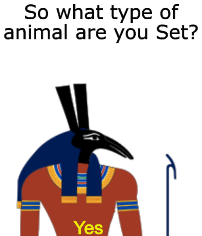 Ancient Egypt meme featuring the god Set with a bird head and the question about his animal type.