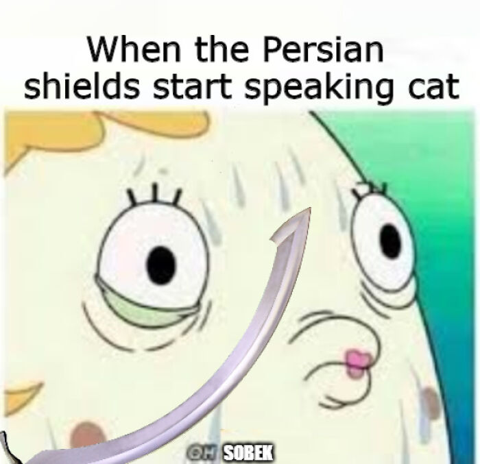 Meme showing a shocked face with text about Persian shields speaking cat in hilarious Ancient Egypt memes.