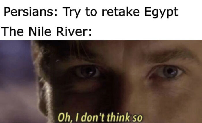 Close-up of a man's face with text about Persians trying to retake Egypt, a meme related to ancient Egypt humor.