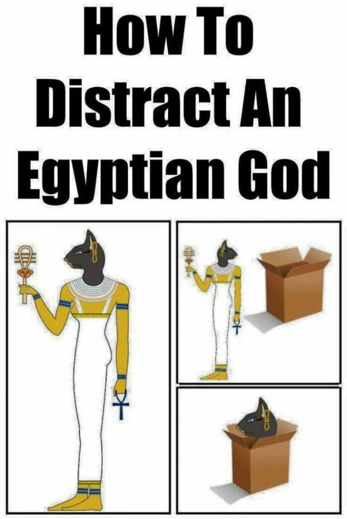 Ancient Egypt meme showing how to distract an Egyptian god by placing the god in a cardboard box for humor and fun.