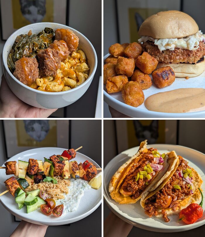Collage of four hearty meals with comfort food, showcasing leap of faith best life decisions in food choices.