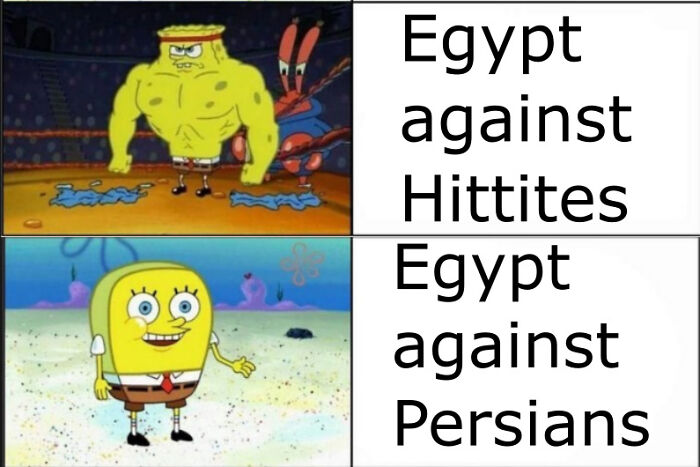 Muscular and regular SpongeBob images contrasting Egypt’s strength against Hittites and Persians in a humorous ancient Egypt meme.