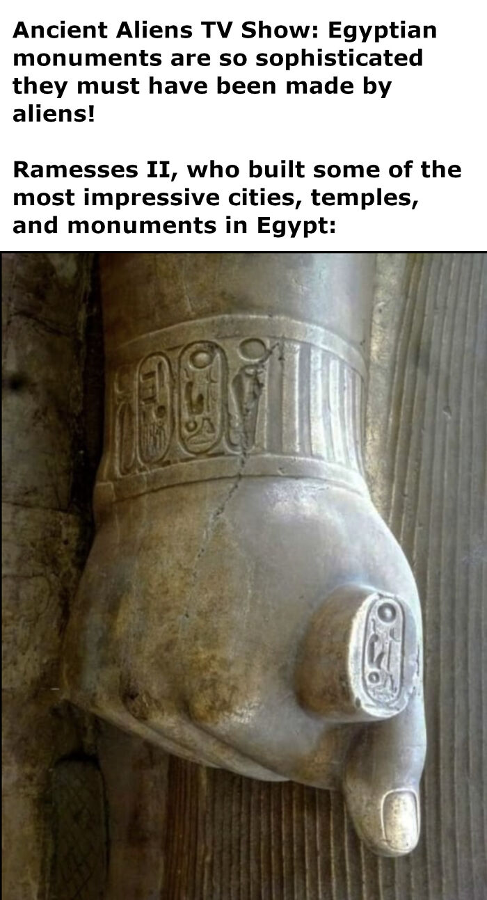 Stone hand statue with Egyptian hieroglyphics highlighting ancient Egypt memes humor about monuments and history.