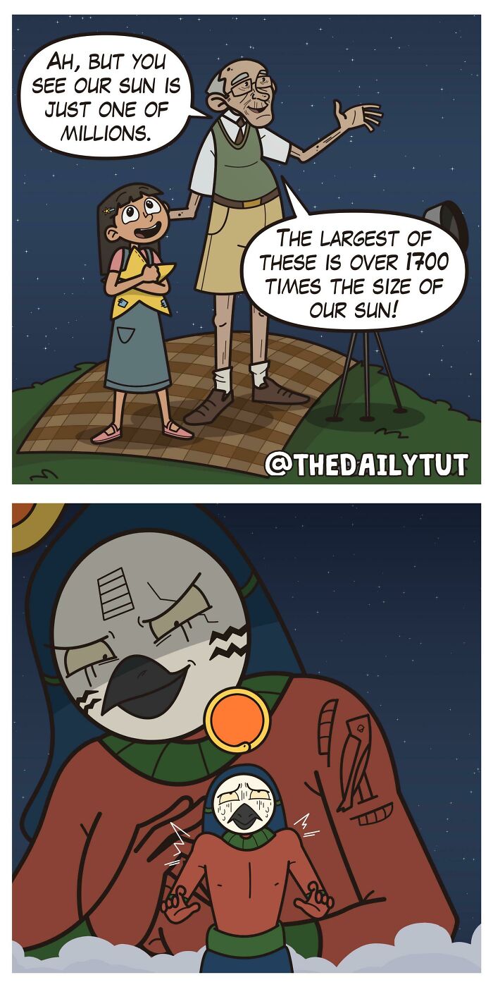 Cartoon featuring a family scene and Ancient Egypt memes with hieroglyphic bird characters under a starry night sky.