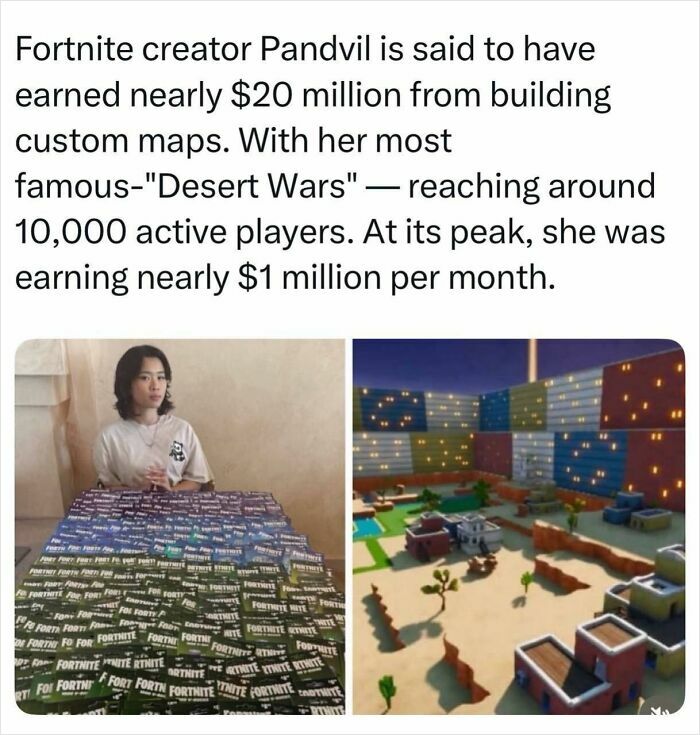 Text about Fortnite creator earning millions from custom maps alongside images of the creator and a game map, highlighting daily facts and stories.