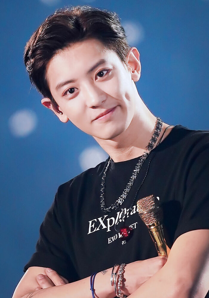 Chanyeol smiling on stage wearing black shirt and silver chains, holding a golden microphone during a concert.